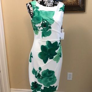💚 Calvin Klein Tropical Floral Lined, Back zipper, Sheath dress